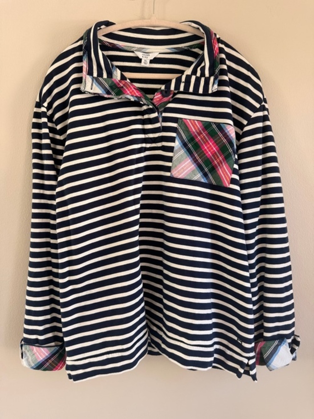 Crown & Ivy Women’s Striped Navy and White Pullover with Plaid Trim